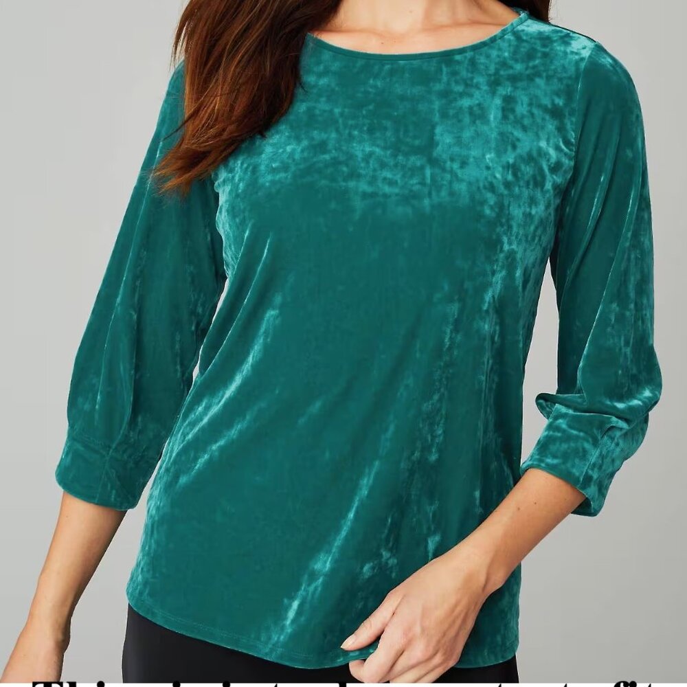 J Jill Crushed Stretch Velvet Top XL Tall Shirt A Line Oceanside Blue Pleat Cuff